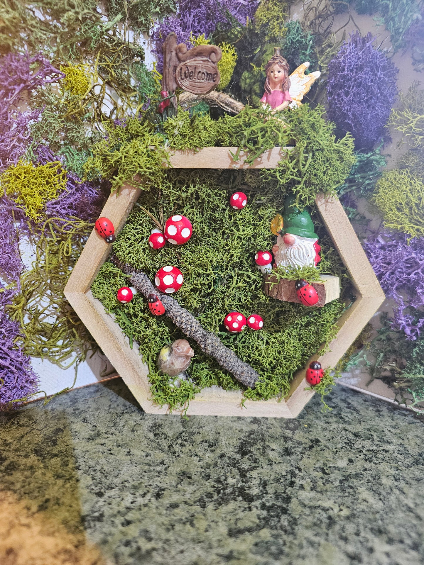 Hexagon fairy garden with lights